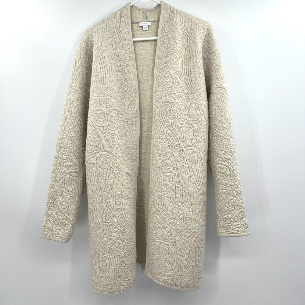 Pure Jill Quilted Paisley Open Front Cardigan Jacket Beige Oatmeal Cotton Sz S